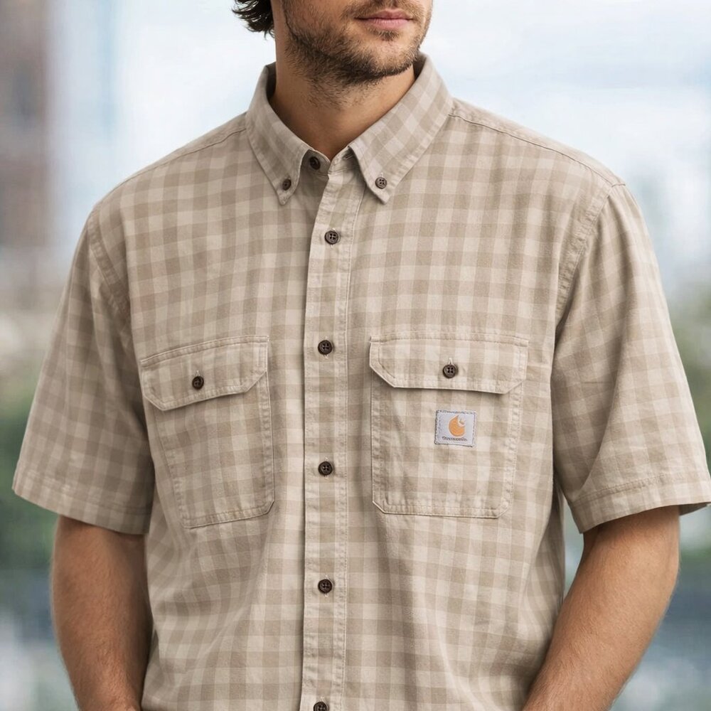 Carhartt Men's Plaid Lose Fit Button-Down Tan Size XL